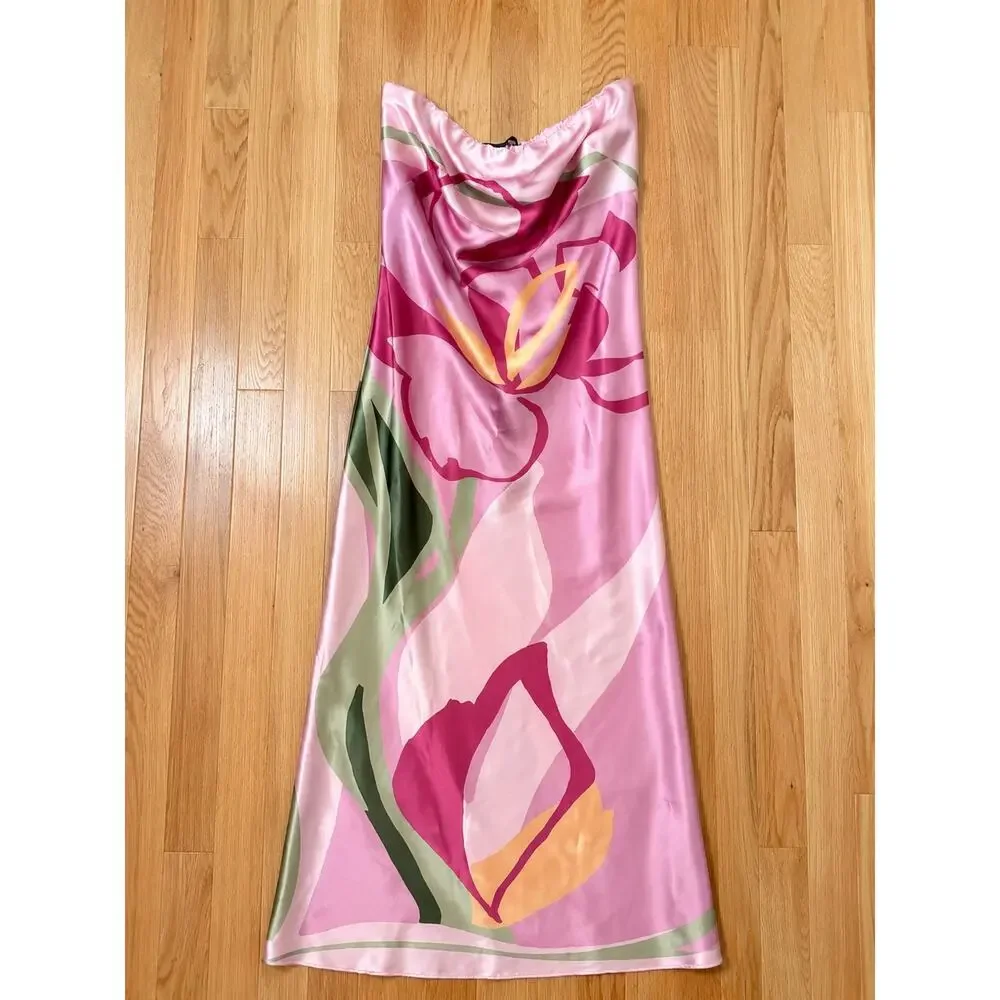 NWT Abercrombie & Fitch Pink Floral Satin Maxi Dress XS Tall Slip Dress - Picture 2 of 9